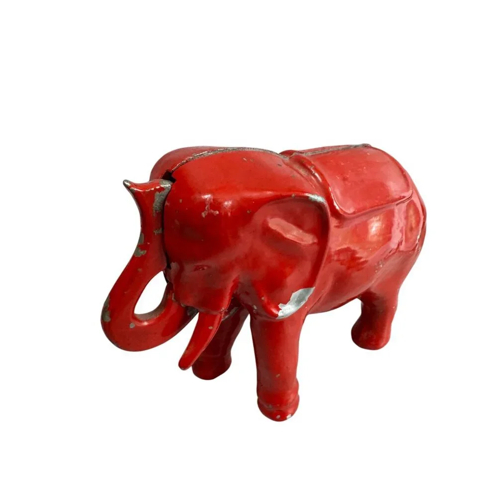 Antique Red Elephant Aluminum Push Tail Bank 7" X 5" Decorative Collectible - Picture 2 of 8